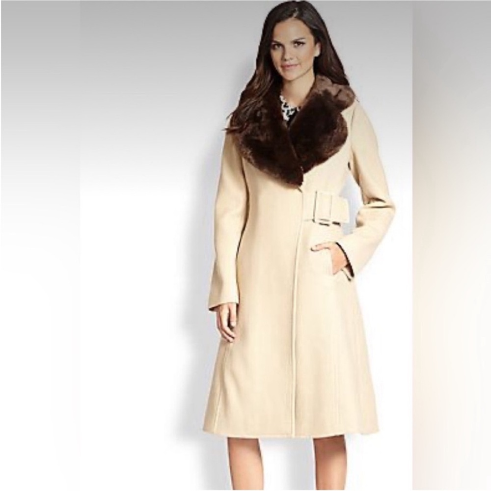 Kate Spade Briella Wool Faux Fur Collar Coat Tan Sz12